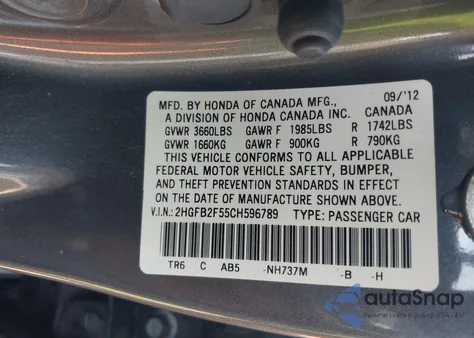 2012 Honda Civic Lx из США, поврежденный, VIN 2HGFB2F55CH596789